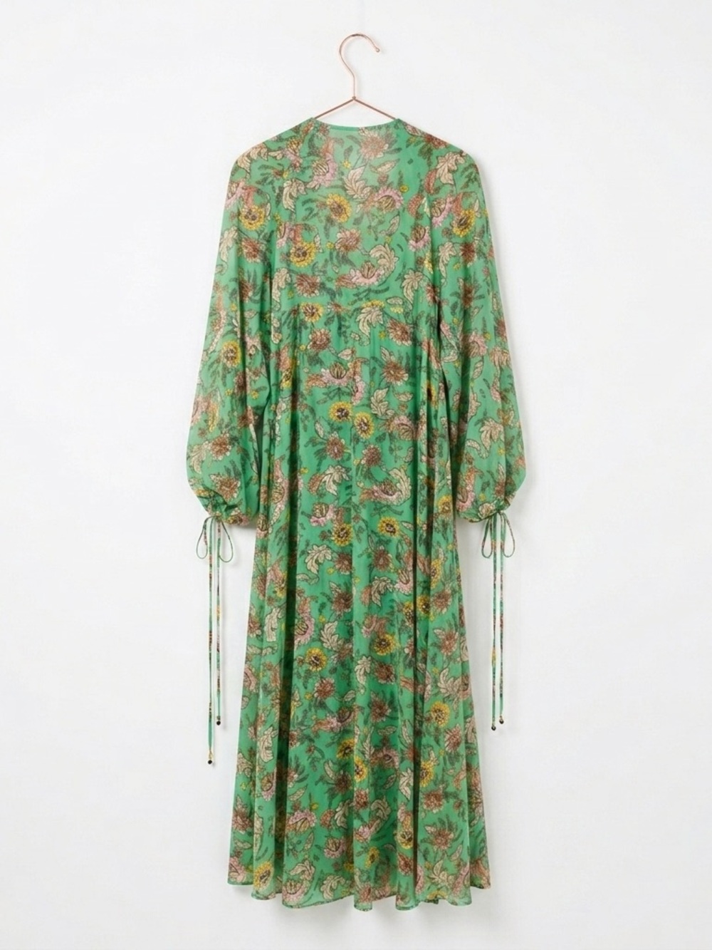 Free People Earthfolk Maxi Dress Green Floral Boho Ruched Sleeve XS - Picture 3 of 16